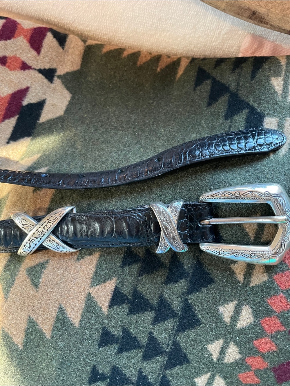 BlackVintage Brighton Croc-Embossed Leather Western Belt with Silver Buckle